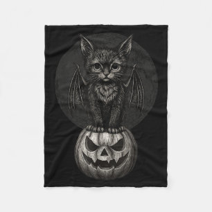 Cute Halloween Black Cat With Bat Wings On Pumpkin Fleece Blanket
