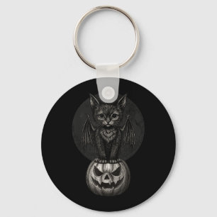 Cute Halloween Black Cat With Bat Wings On Pumpkin Key Ring
