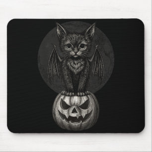 Cute Halloween Black Cat With Bat Wings On Pumpkin Mouse Mat