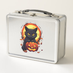 Cute Halloween Black Cat with Pumpkin Metal Lunch Box