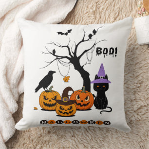Cute Halloween Black Cat with Pumpkins Cushion