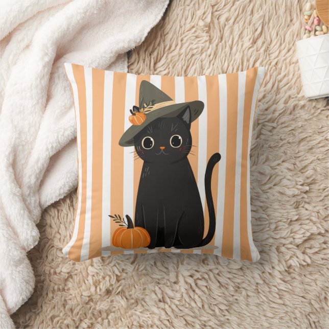 Cute Halloween Black Cat with Witch Hat Pumpkin Cushion (Blanket)
