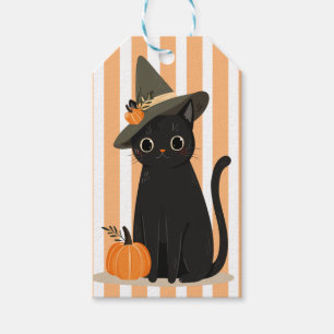Cute Halloween Black Cat with Witch Hat Pumpkin Gift Tags