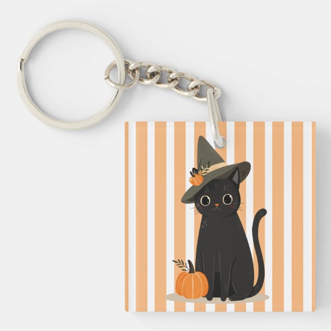 Cute Halloween Black Cat with Witch Hat Pumpkin Key Ring (Front)