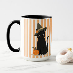 Cute Halloween Black Cat with Witch Hat Pumpkin Mug