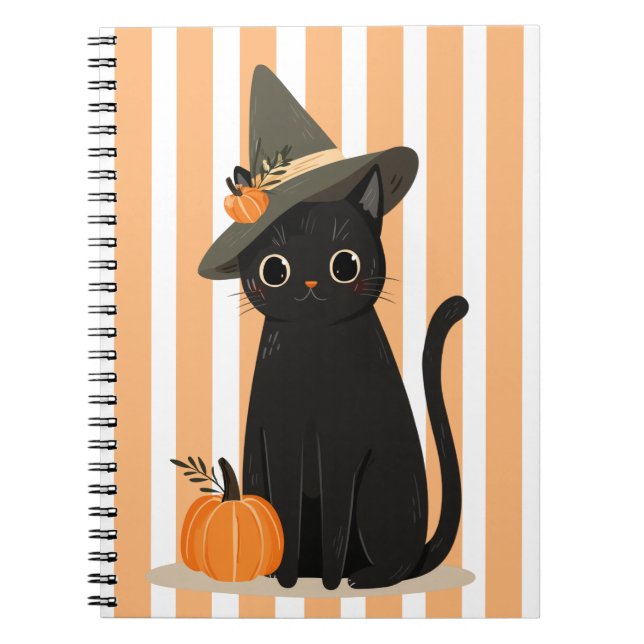 Cute Halloween Black Cat with Witch Hat Pumpkin Notebook (Front)