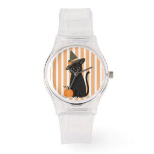 Cute Halloween Black Cat with Witch Hat Pumpkin Watch