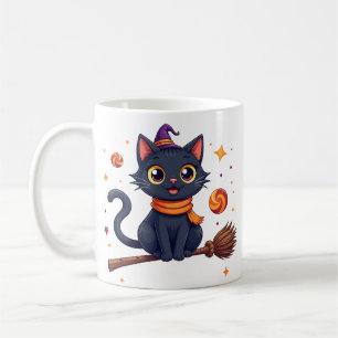 Cute halloween black kitten broom mug