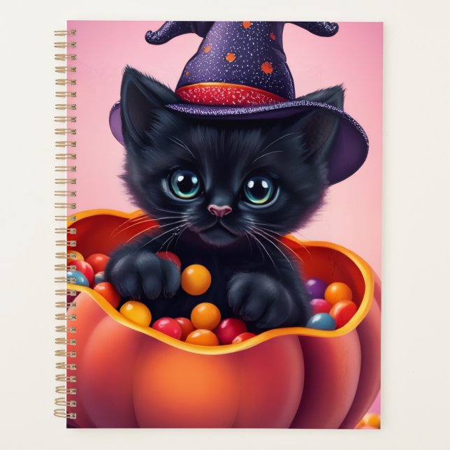 Cute Halloween Black Kitten in Pumpkin Planner (Front)