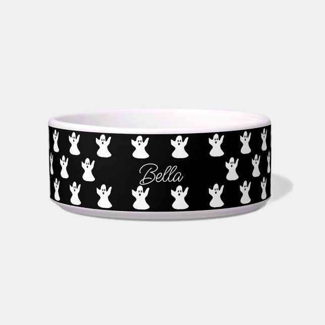 Cute Halloween Black White Ghost Personalised Dog Bowl (Front)