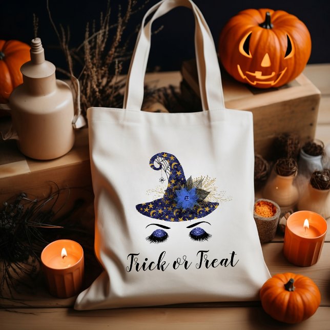 Cute Halloween Blue Witch Hat Trick or Treat Tote Bag (Creator Uploaded)