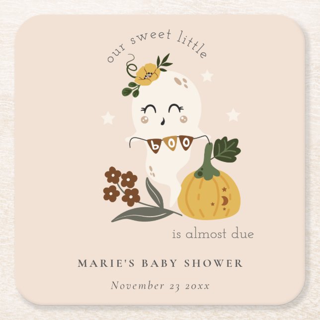 Cute Halloween Blush Ghost Little Boo Baby Shower Square Paper Coaster (Front)
