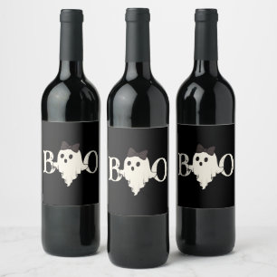 Cute Halloween - "Boo" Ghost with Bow - Wine Label