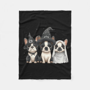 Cute Halloween Boston Terrier Dogs Witch Hat Ghost Fleece Blanket