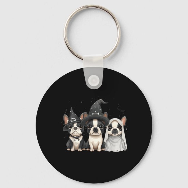 Cute Halloween Boston Terrier Dogs Witch Hat Ghost Key Ring (Front)