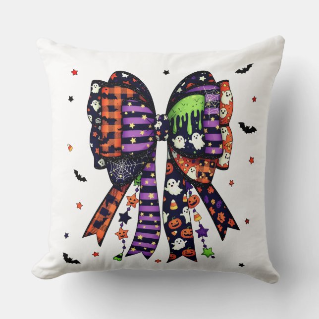 Cute Halloween Bow Ghost and Pumpkin Cushion (Front)