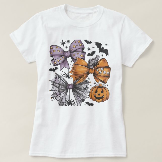 Cute Halloween Bow T-Shirt – Purple Starry Bow,  (Design Front)