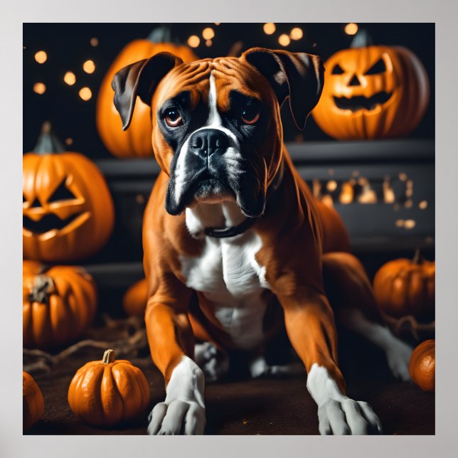 Cute Halloween Boxer Dog w Pumpkins on Oct Night Poster (Front)