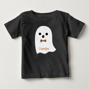 Cute Halloween Boy Ghost Plaid Bow Kids Name Baby T-Shirt