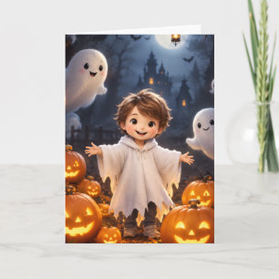 Cute Halloween Boy with Friendly Ghosts Greeting Card