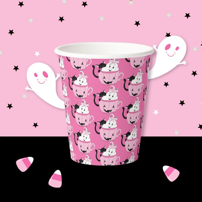 Cute Halloween Buddies Pattern Pink Paper Cup (Spooky cute Halloween buddies pattern pink paper cup .)