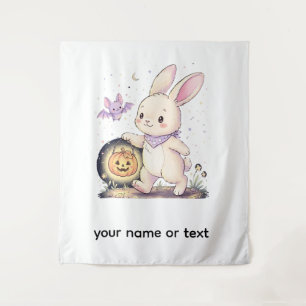 Cute Halloween Bunny with Pumpkin Lantern and Bat  Tapestry