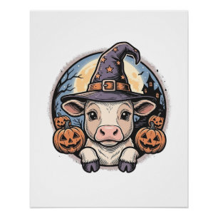 Cute Halloween Calf Witch Hat Vintage Engraving De Poster