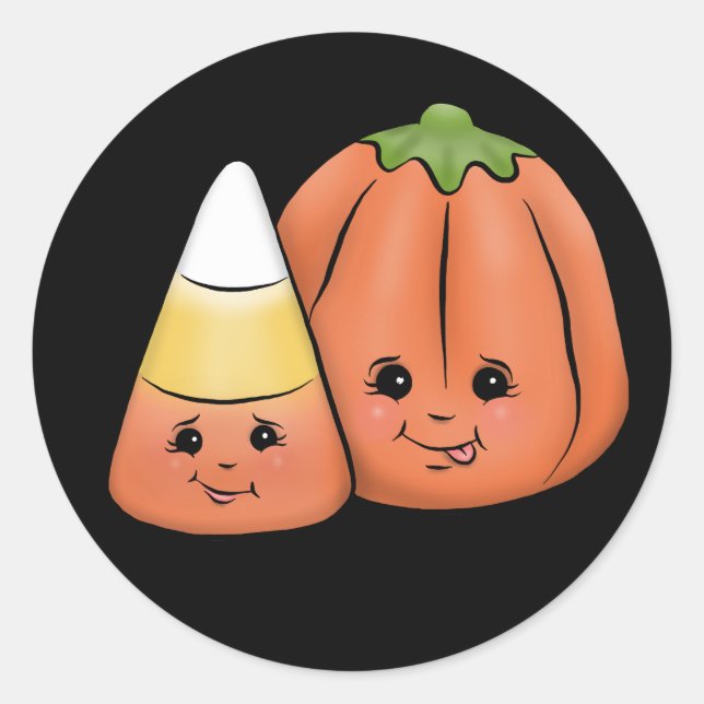 Cute Halloween Candy Corn & Pumpkin Classic Round Sticker (Front)