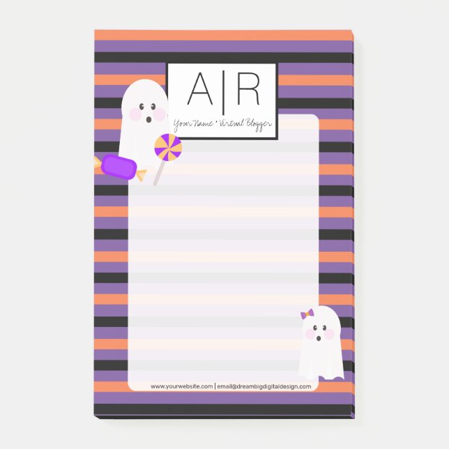 Cute Halloween Candy Ghost and Stripes Post-it Notes (Front)