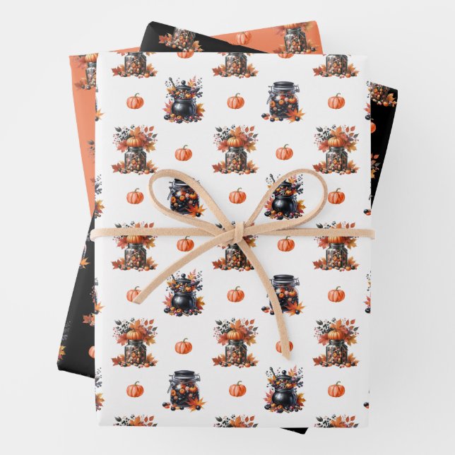 Cute Halloween Candy Jars | Pumpkins Fall Pattern Wrapping Paper Sheet (In situ)