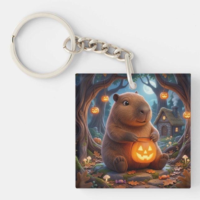 Cute Halloween Capybara Forest Lantern Keychain (Front)