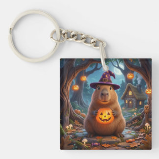Cute Halloween Capybara Witch Cottage Keyring