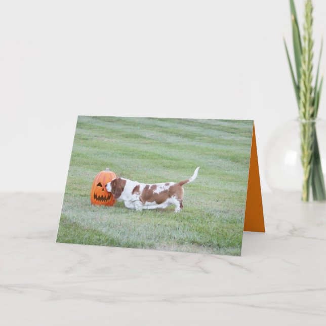 Cute Halloween Card W/Funny Basset Hound & Pumpkin (Front)