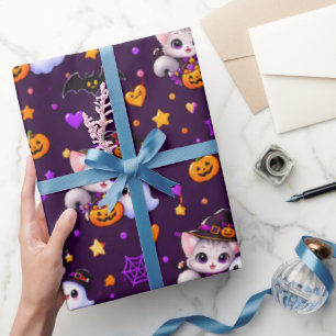 Cute Halloween Cat and Ghost Purple Orange Gift Wr Wrapping Paper