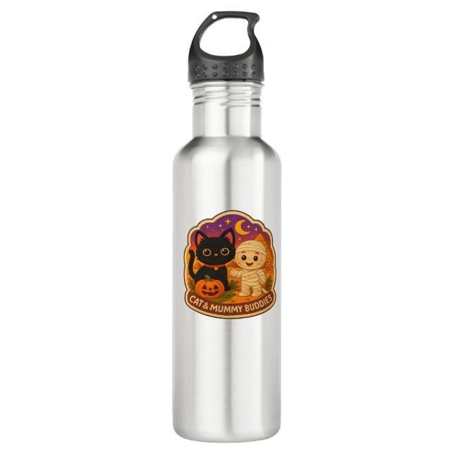 Cute Halloween Cat and Mummy Embroidery Patch Stic 710 Ml Water Bottle (Front)