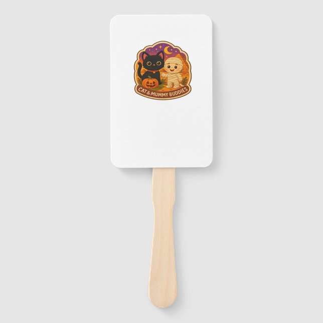 Cute Halloween Cat and Mummy Embroidery Patch Stic Hand Fan (Front)