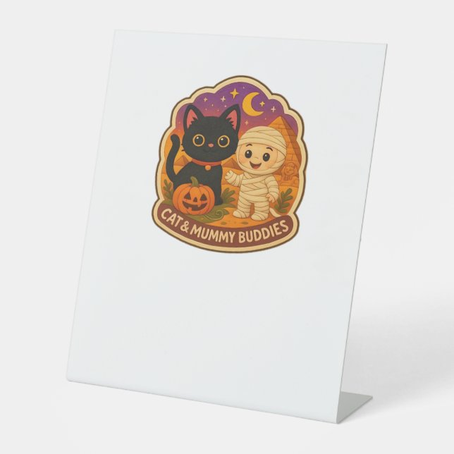 Cute Halloween Cat and Mummy Embroidery Patch Stic Pedestal Sign (Front)