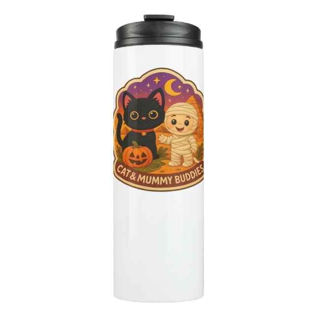 Cute Halloween Cat and Mummy Embroidery Patch Stic Thermal Tumbler (Front)