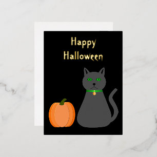 Cute Halloween Cat and Pumpkin Custom Foil Holiday Postcard