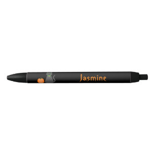 Cute Halloween Cat and Pumpkin Custom Name Black Ink Pen