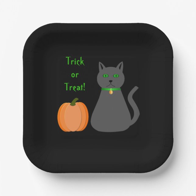 Cute Halloween Cat and Pumpkin Custom Paper Plate (Front)
