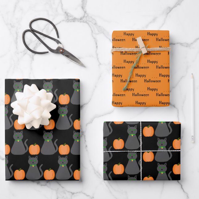 Cute Halloween Cat and Pumpkin Custom Wrapping Paper Sheet (Front)