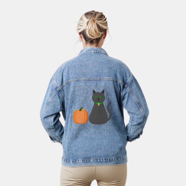 Cute Halloween Cat and Pumpkin Denim Jacket (Model)