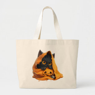 Cute Halloween Cat and Pumpkin Large Tote Bag