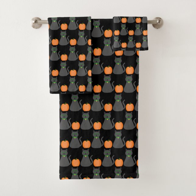 Cute Halloween Cat and Pumpkin Patterned Bath Towel Set (Insitu)
