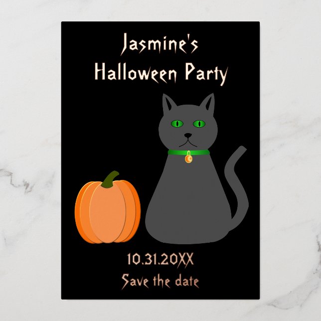 Cute Halloween Cat and Pumpkin Save the Date Foil Holiday Card (Front)
