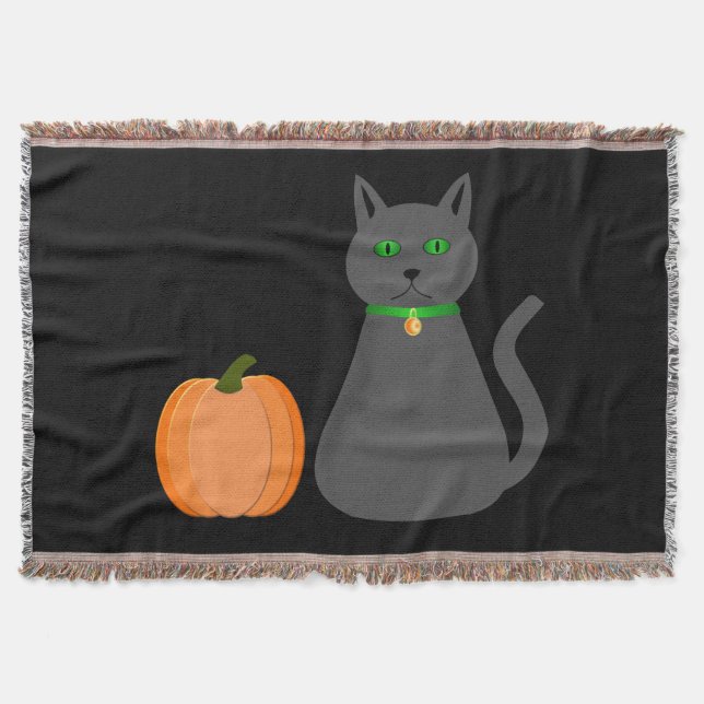 Cute Halloween Cat and Pumpkin Throw Blanket (Front)