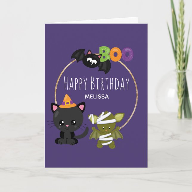 Cute Halloween Cat, Bat & Mummy Boo Birthday Card (Front)