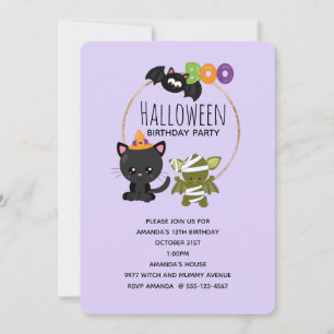 Cute Halloween Cat, Bat & Mummy Boo Birthday Invitation