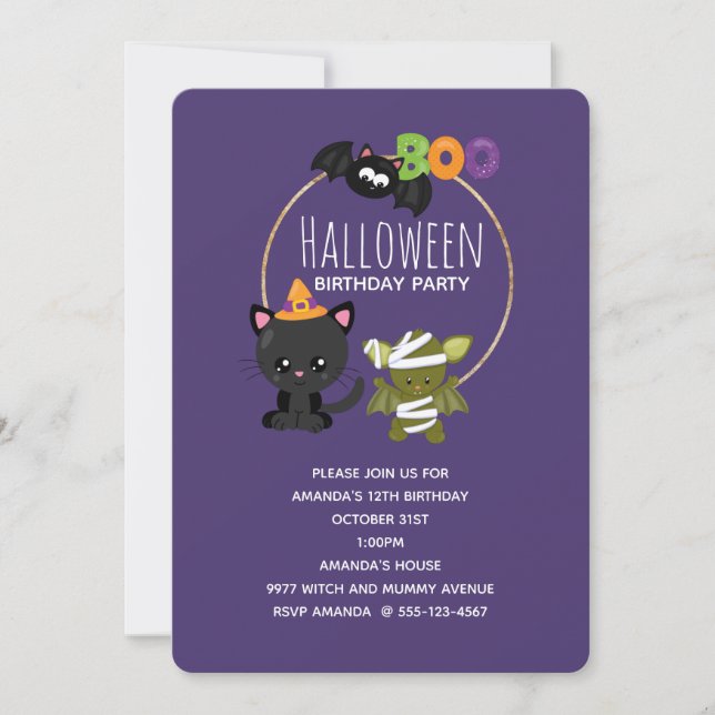 Cute Halloween Cat, Bat & Mummy Boo Birthday Invitation (Front)